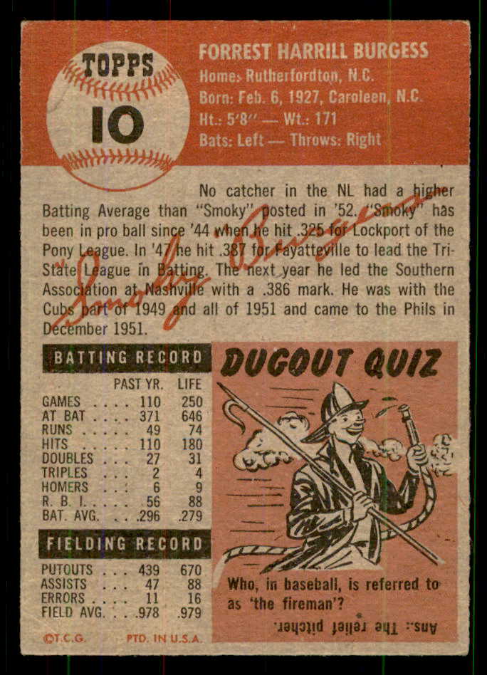 1953 Topps Baseball #010 Smoky Burgess Phillies VG-EX 555638