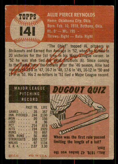 1953 Topps Baseball #141 Allie Reynolds Yankees VG-EX 555641
