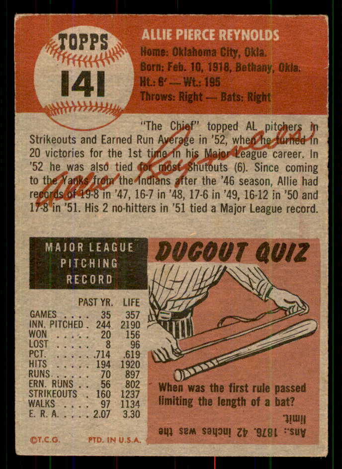 1953 Topps Baseball #141 Allie Reynolds Yankees VG-EX 555642