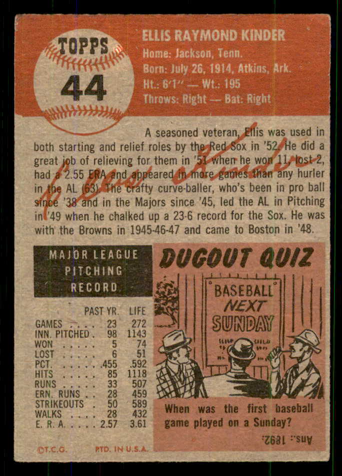 1953 Topps Baseball #044 Ellis Kinder Red Sox VG-EX 555646