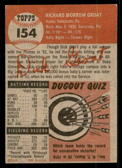 1953 Topps Baseball #154 Dick Groat Pirates VG-EX 555647