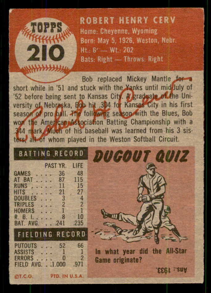 1953 Topps Baseball #210 Bob Cerv Yankees VG-EX 555651