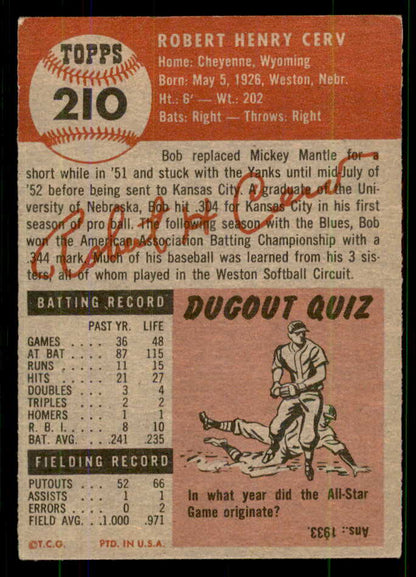 1953 Topps Baseball #210 Bob Cerv Yankees VG-EX 555651