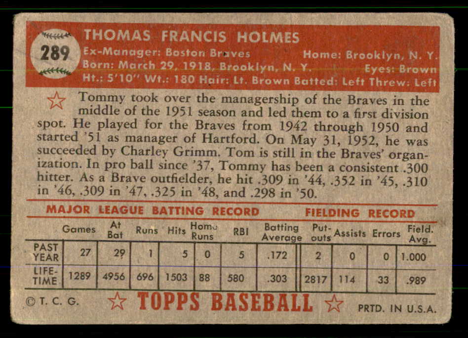1952 Topps Baseball #289 Tommy Holmes Braves VG 555655