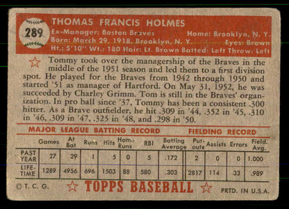 1952 Topps Baseball #289 Tommy Holmes Braves VG 555655