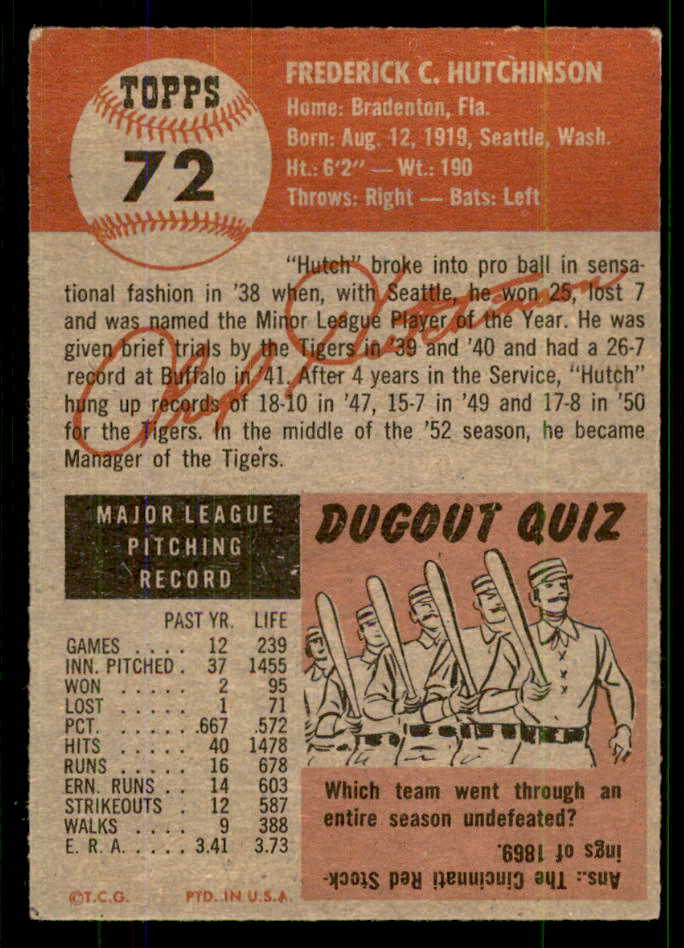1953 Topps Baseball #072 Fred Hutchinson Tigers EX+ 555658