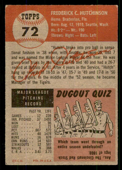 1953 Topps Baseball #072 Fred Hutchinson Tigers EX+ 555658