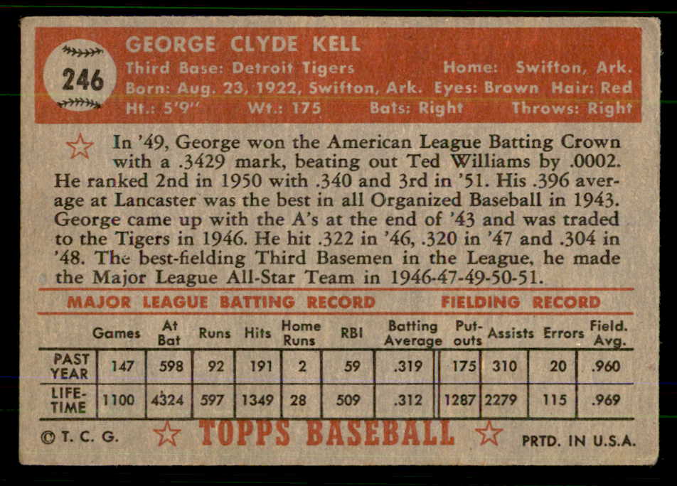 1952 Topps Baseball #246 George Kell Tigers VG 555666