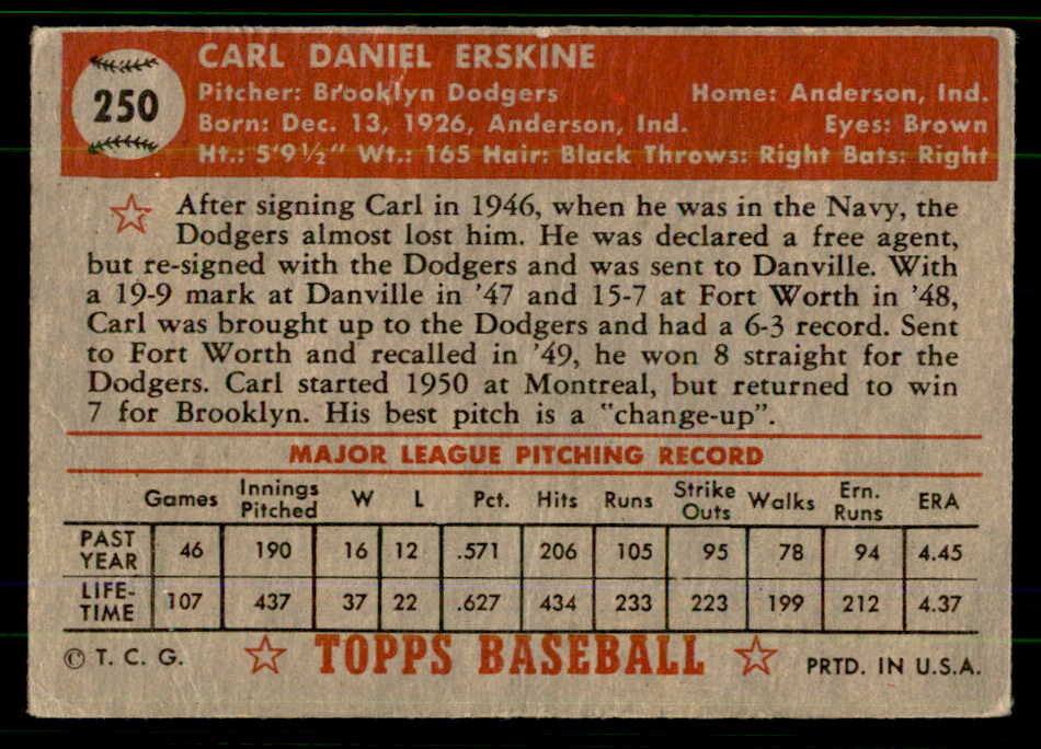 1952 Topps Baseball #250 Carl Erskine Dodgers VG 555667