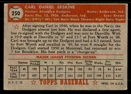 1952 Topps Baseball #250 Carl Erskine Dodgers VG 555667