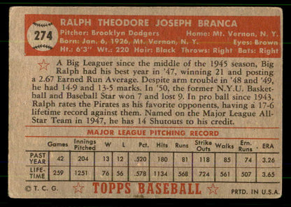 1952 Topps Baseball #274 Ralph Branca Dodgers Fair 555668