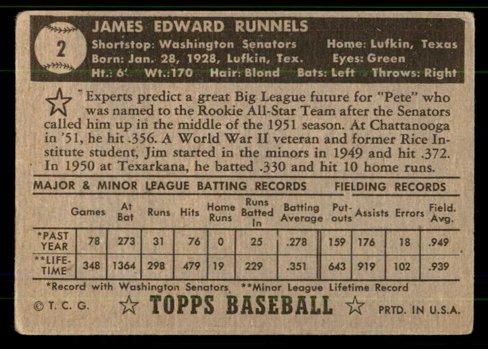 1952 Topps Baseball #002 Pete Runnels Senators VG Black 555669
