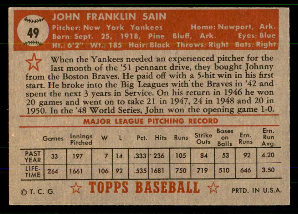 1952 Topps Baseball #049 Johnny Sain Yankees EX-MT Red 555674