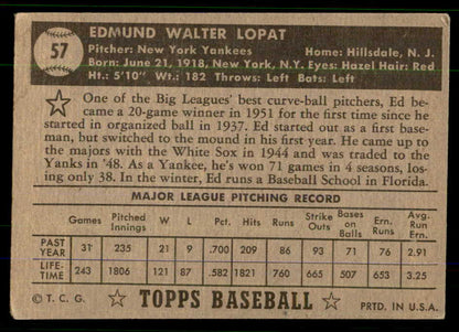1952 Topps Baseball #057 Eddie Lopat Yankees VG-EX Black 555677