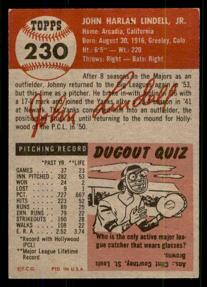 1953 Topps Baseball #230 Johnny Lindell Pirates VG-EX 555686
