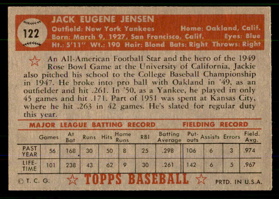 1952 Topps Baseball #122 Jackie Jensen Yankees VG-EX crease 555694