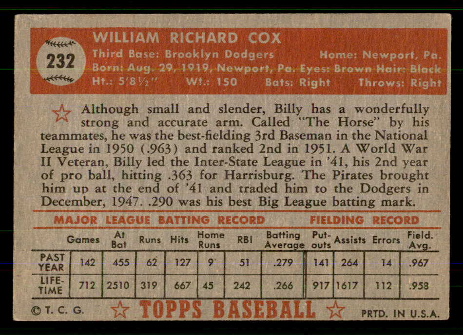 1952 Topps Baseball #232 Billy Cox Dodgers VG-EX 555695