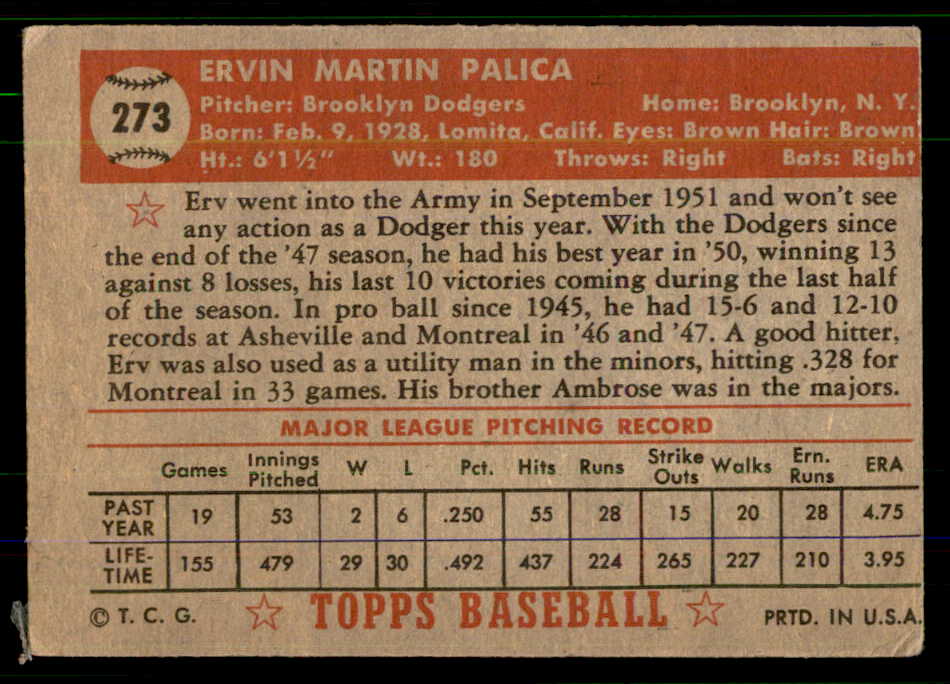 1952 Topps Baseball #273 Erv Palica Dodgers VG-EX 555703