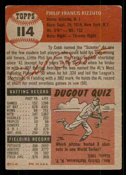 1953 Topps Baseball #114 Phil Rizzuto Yankees VG crease 555708