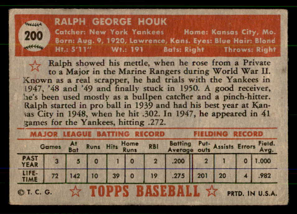1952 Topps Baseball #200 Ralph Houk Yankees FR-GD 555711