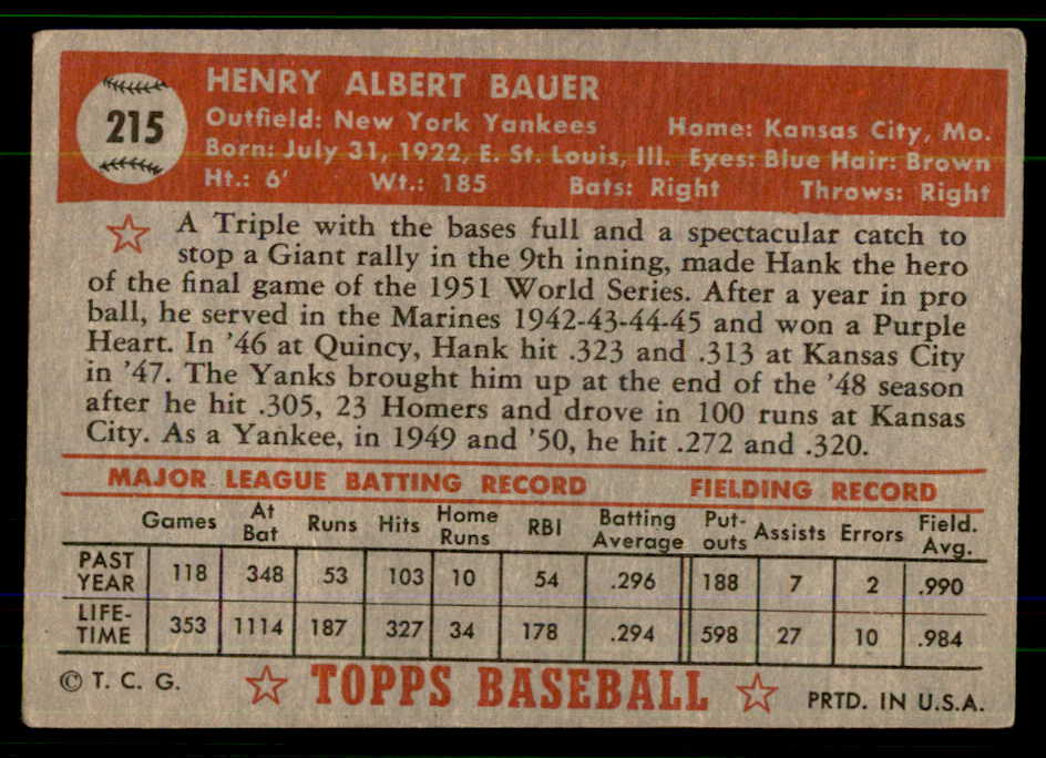 1952 Topps Baseball #215 Hank Bauer Yankees VG-EX 555712
