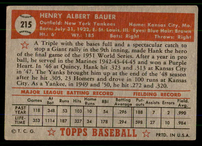 1952 Topps Baseball #215 Hank Bauer Yankees VG-EX 555712