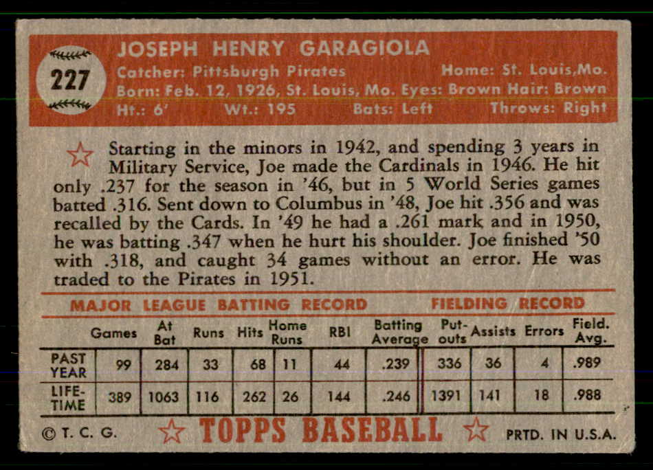1952 Topps Baseball #227 Joe Garagiola Pirates VG-EX 555713