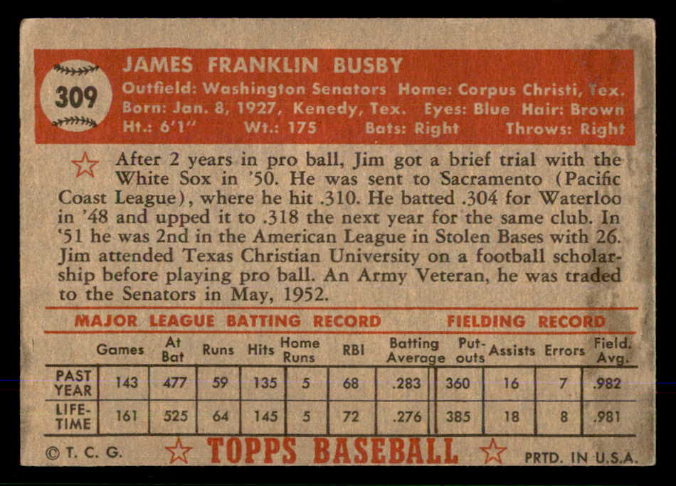 1952 Topps Baseball #309 Jim Busby Senators EX 555726