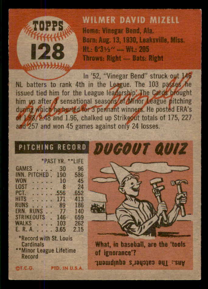 1953 Topps Baseball #128 Wilmer Mizell Cardinals EX-MT 555733