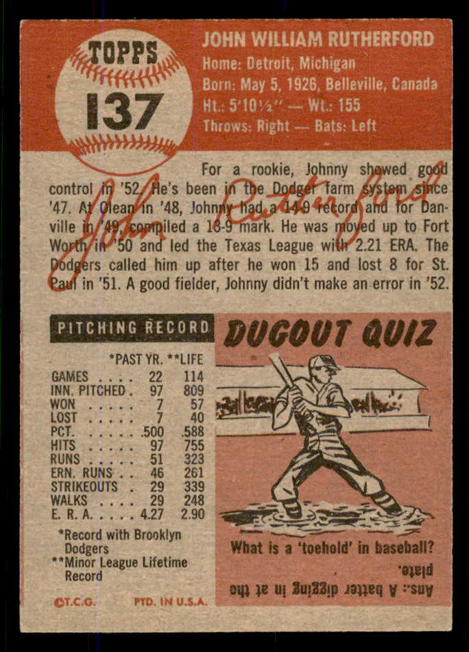 1953 Topps Baseball #137 John Rutherford Dodgers EX-MT 555736