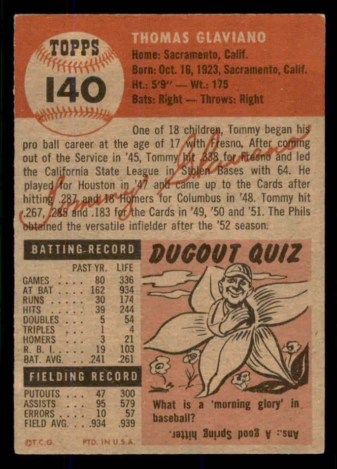 1953 Topps Baseball #140 Tommy Glaviano Phillies EX-MT 555737