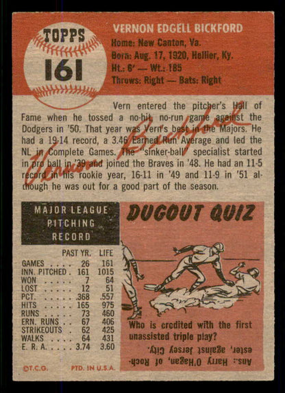 1953 Topps Baseball #161 Vern Bickford Braves EX-MT 555743