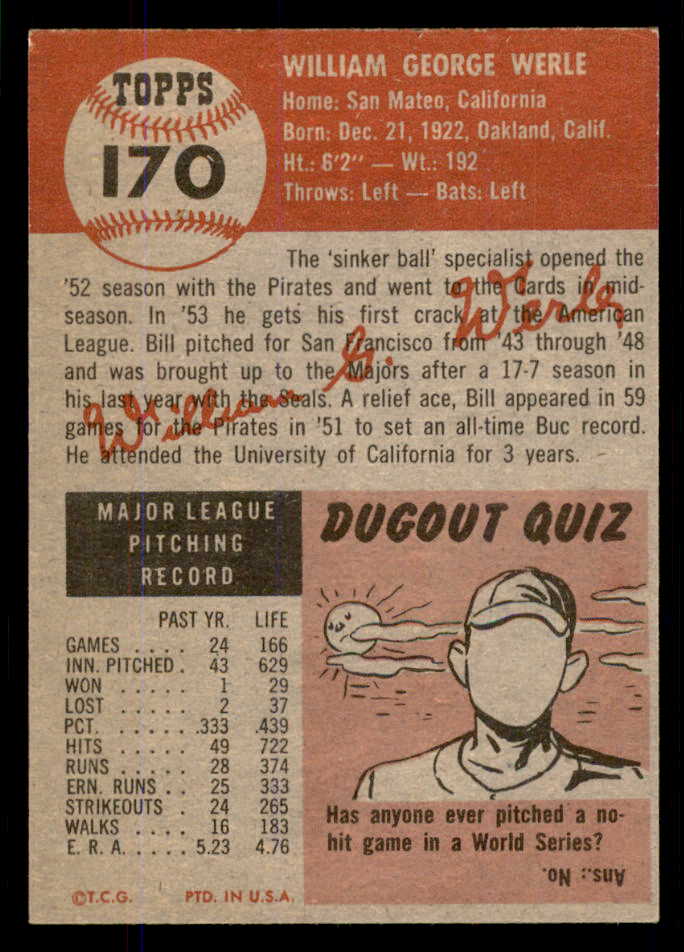 1953 Topps Baseball #170 Bill Werle Red Sox EX-MT 555745