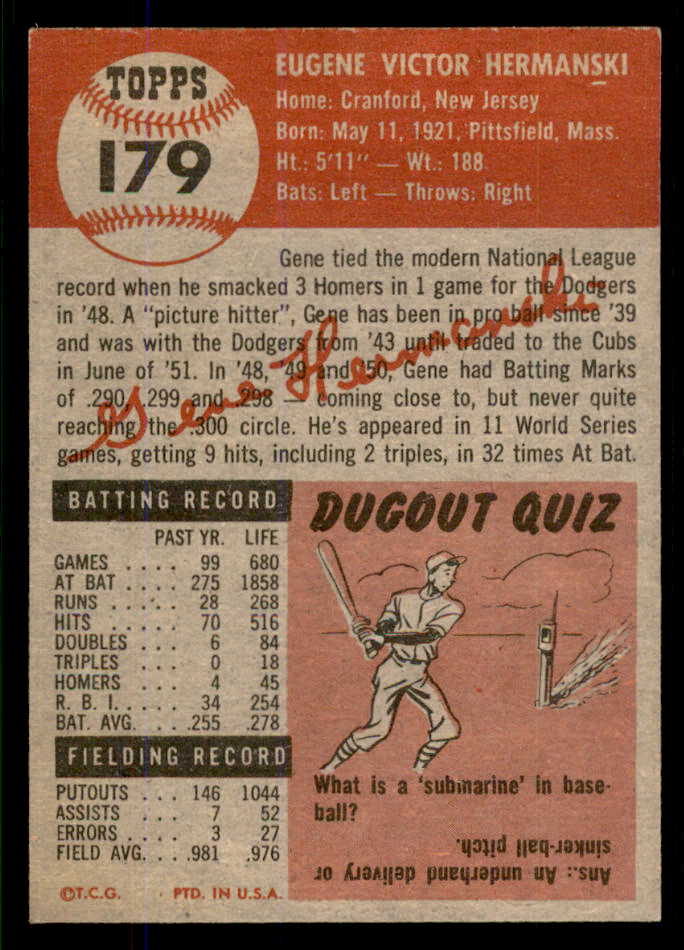 1953 Topps Baseball #179 Gene Hermanski Cubs EX-MT 555748