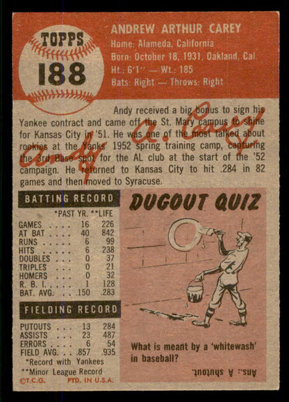 1953 Topps Baseball #188 Andy Carey Yankees EX-MT 555751