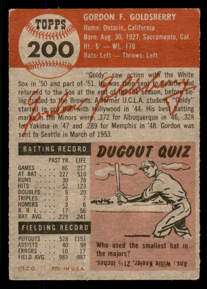 1953 Topps Baseball #200 Gordon Goldsberry Browns EX-MT 555756