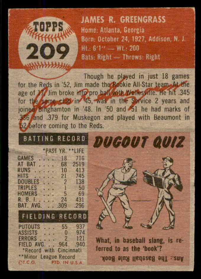 1953 Topps Baseball #209 Jim Greegrass Reds EX-MT 555757
