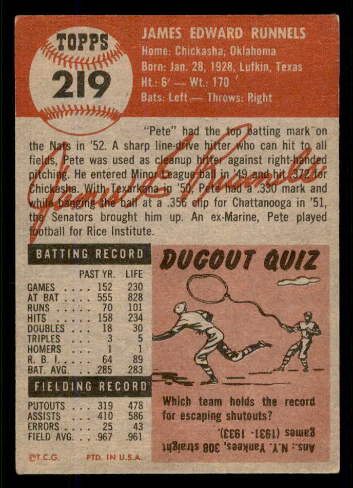 1953 Topps Baseball #219 Pete Runnels Senators EX-MT 555759