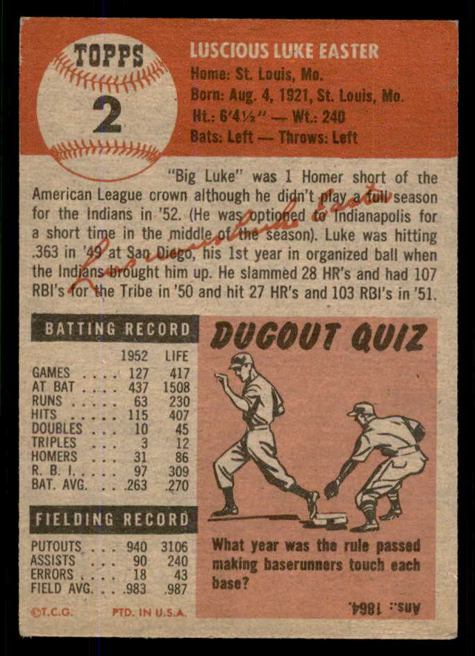 1953 Topps Baseball #002 Luke Easter Indians EX-MT 555760