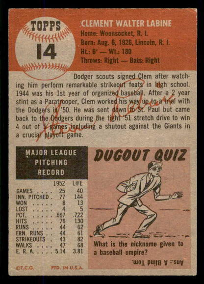 1953 Topps Baseball #014 Clem Labine Dodgers EX-MT 555764