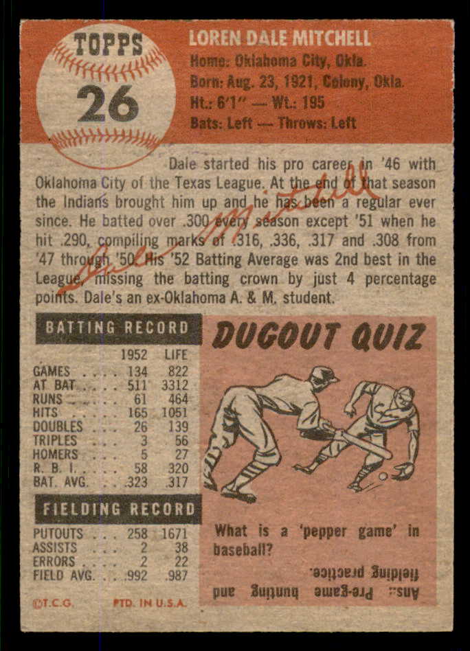 1953 Topps Baseball #026 Dale Mitchell Indians EX-MT 555769