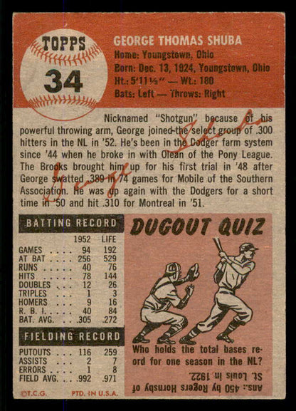 1953 Topps Baseball #034 George Shuba Dodgers EX-MT 555771