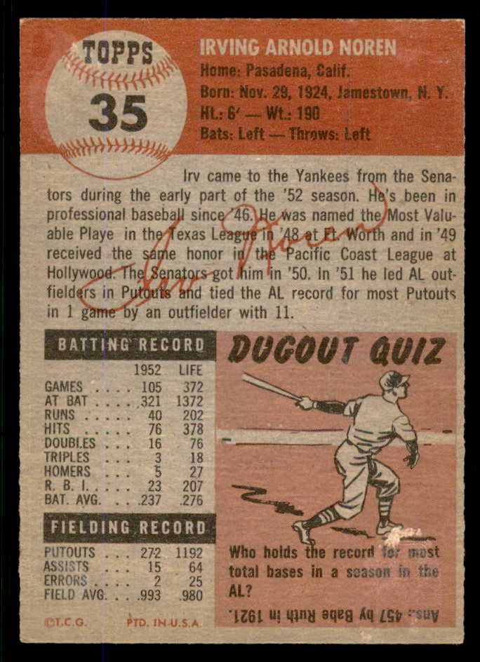 1953 Topps Baseball #035 Irv Noren Yankees EX-MT 555772