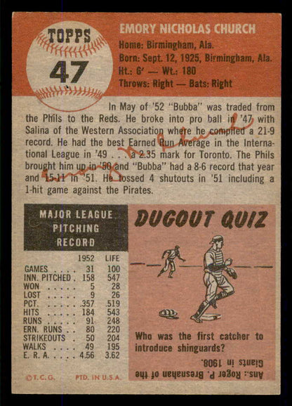 1953 Topps Baseball #047 Bubba Church Reds EX-MT 555773