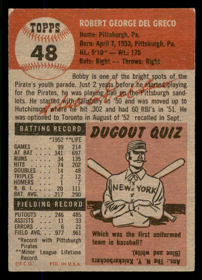 1953 Topps Baseball #048 Bob Del Greco Pirates EX-MT 555774