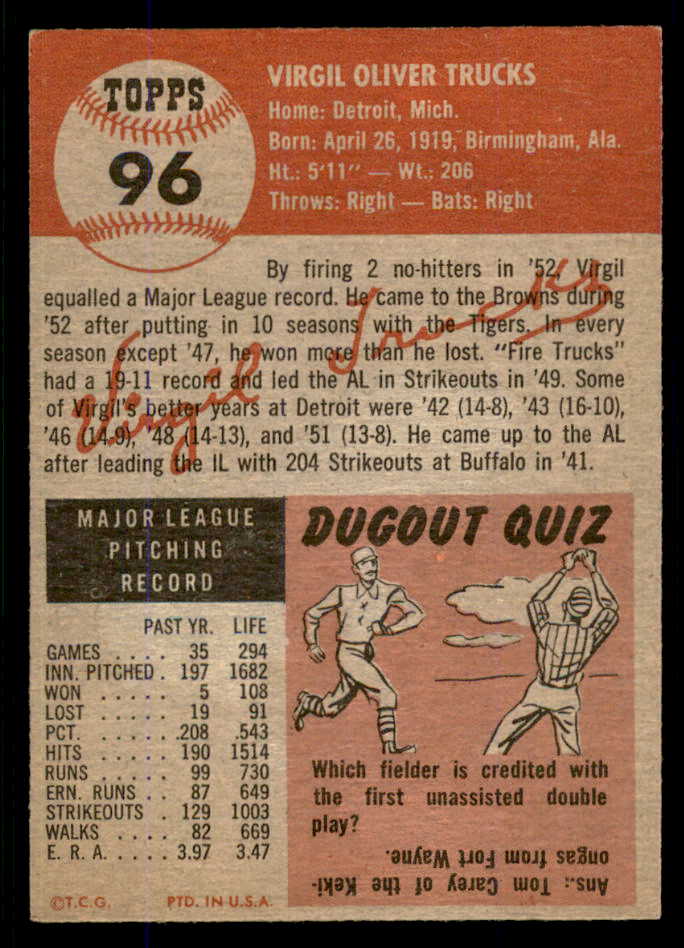 1953 Topps Baseball #096 Virgil Trucks Browns EX-MT 555782