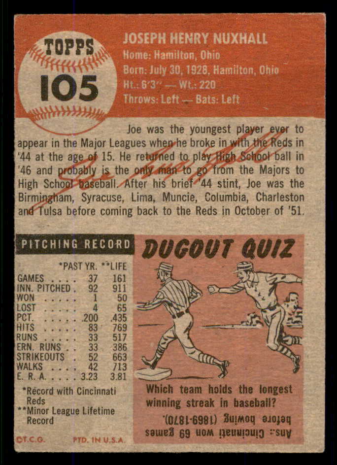 1953 Topps Baseball #105 Joe Nuxhall Reds EX-MT 555783