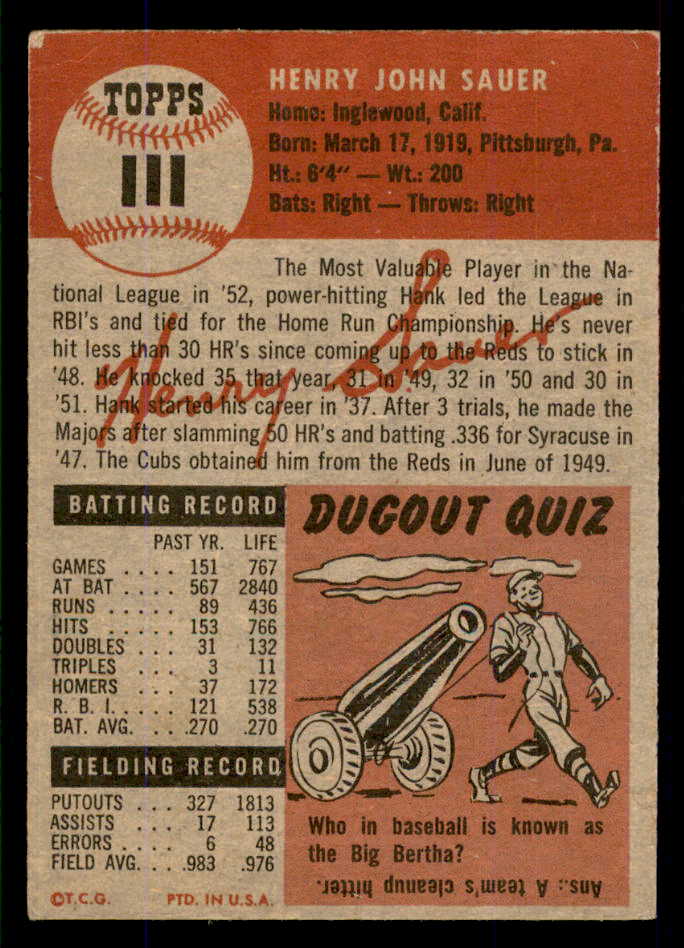 1953 Topps Baseball #111 Hank Sauer Cubs EX-MT 555784