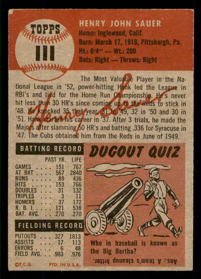 1953 Topps Baseball #111 Hank Sauer Cubs EX-MT 555784