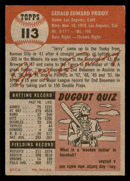 1953 Topps Baseball #113 Jerry Priddy Tigers EX-MT 555785